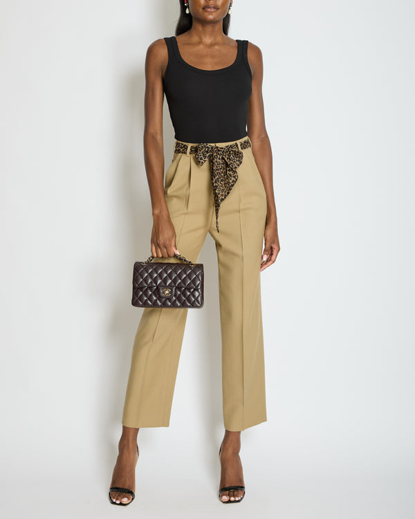 Saint Laurent Camel Wool Tailored Trousers with Brown Leopard Print Silk Tie Size FR 36 (UK 8)