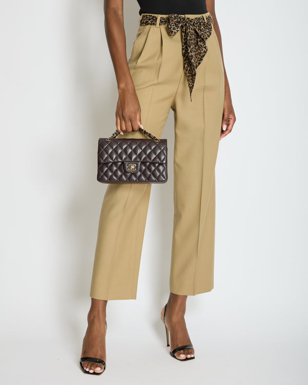 Saint Laurent Camel Wool Tailored Trousers with Brown Leopard Print Silk Tie Size FR 36 (UK 8)