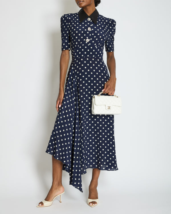 Alessandra Rich Navy, White Polkadot Long Sleeve Midi Dress IT 40 (UK 8)