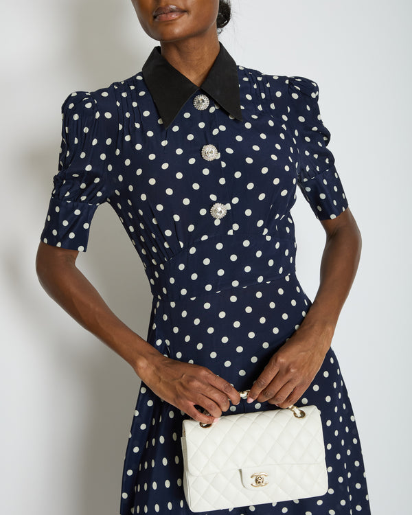 Alessandra Rich Navy, White Polkadot Long Sleeve Midi Dress IT 40 (UK 8)