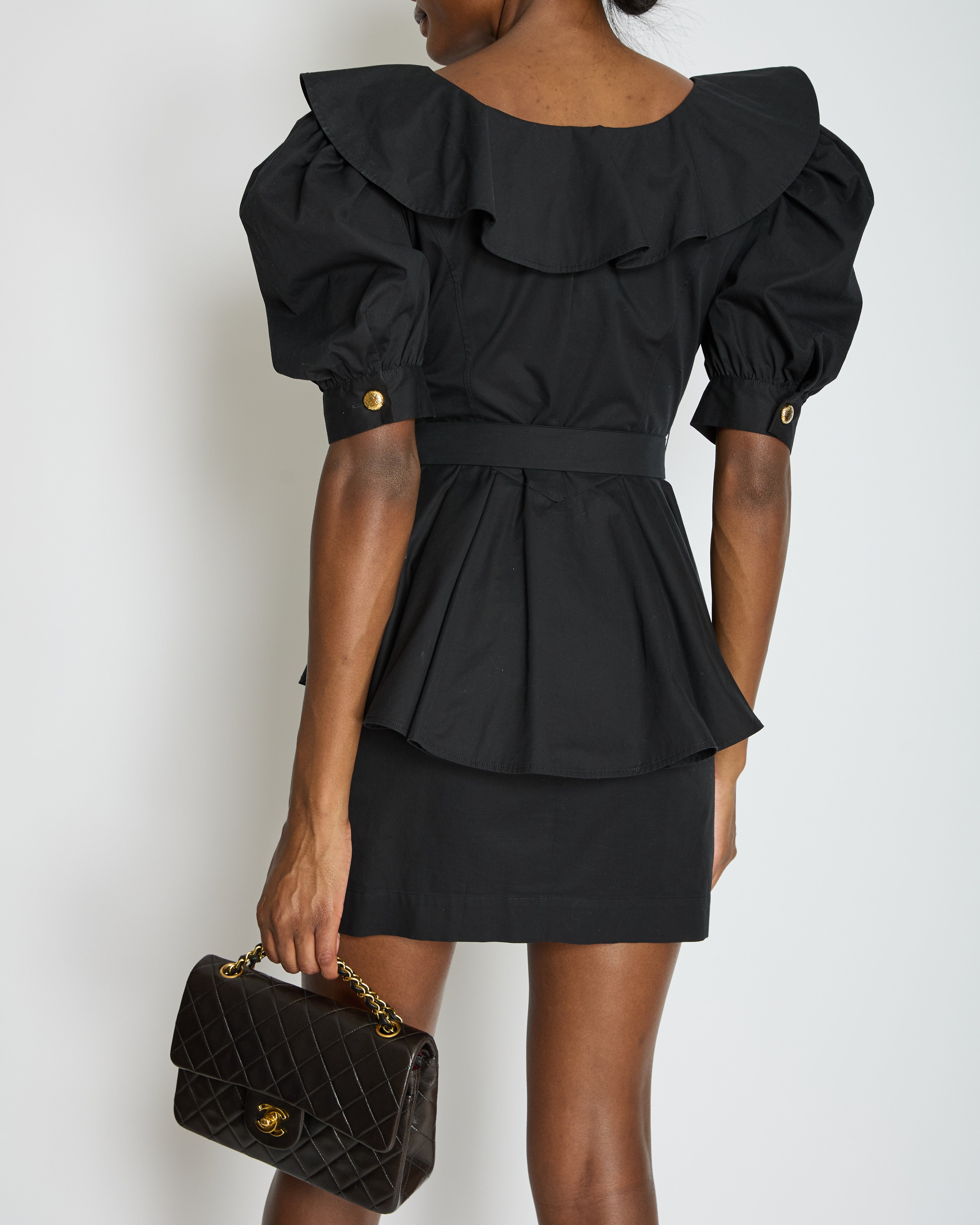 Alessandra Rich Black Mini Dress with Bow Neckline and Belt