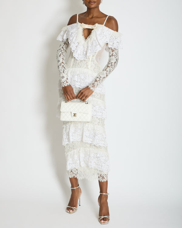 Alessandra Rich White Tiered Lace Long Sleeve Maxi Dress with Frills and Bow Detail Size IT 38 (UK 6)