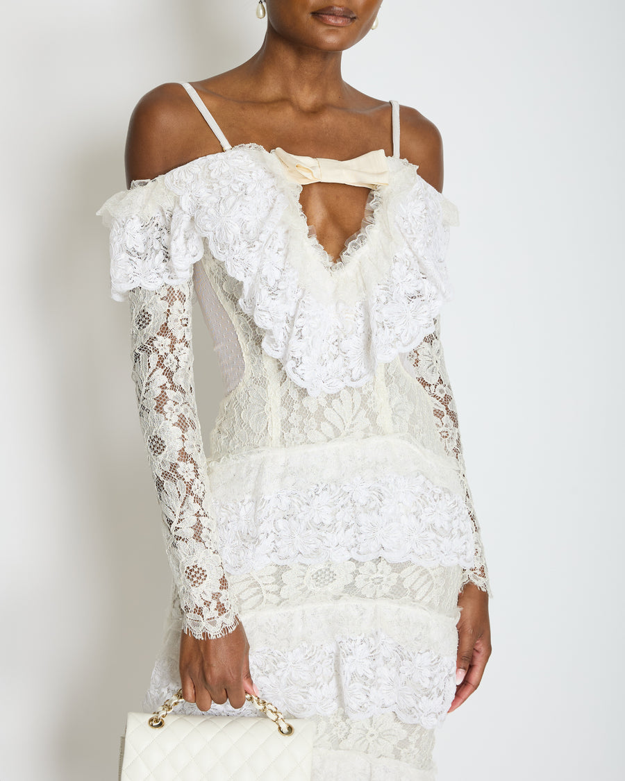 Alessandra Rich White Tiered Lace Long Sleeve Maxi Dress with Frills and Bow Detail Size IT 38 (UK 6)