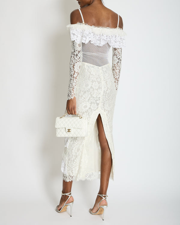Alessandra Rich White Tiered Lace Long Sleeve Maxi Dress with Frills and Bow Detail Size IT 38 (UK 6)