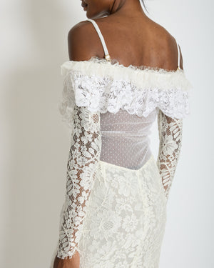 Alessandra Rich White Tiered Lace Long Sleeve Maxi Dress with Frills and Bow Detail Size IT 38 (UK 6)