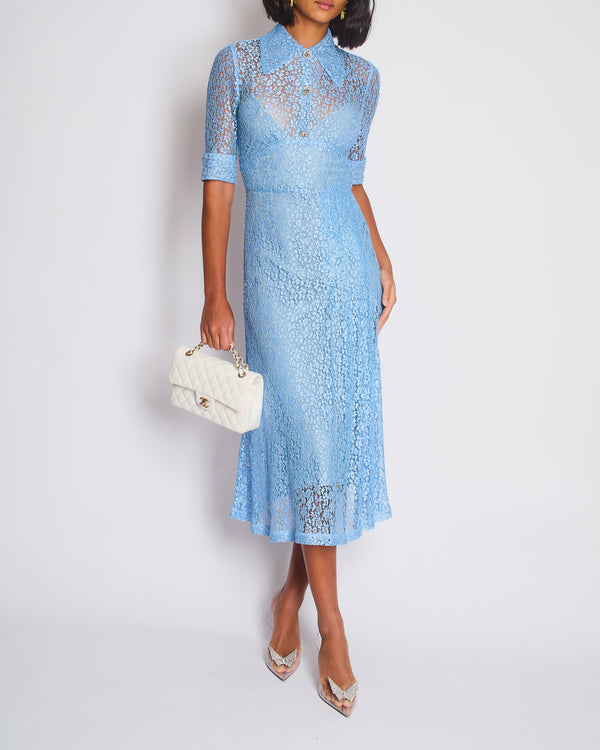 Alessandra Rich Light Blue Lace Midi Dress with Crystal Buttons Detail IT 40 (UK 8)