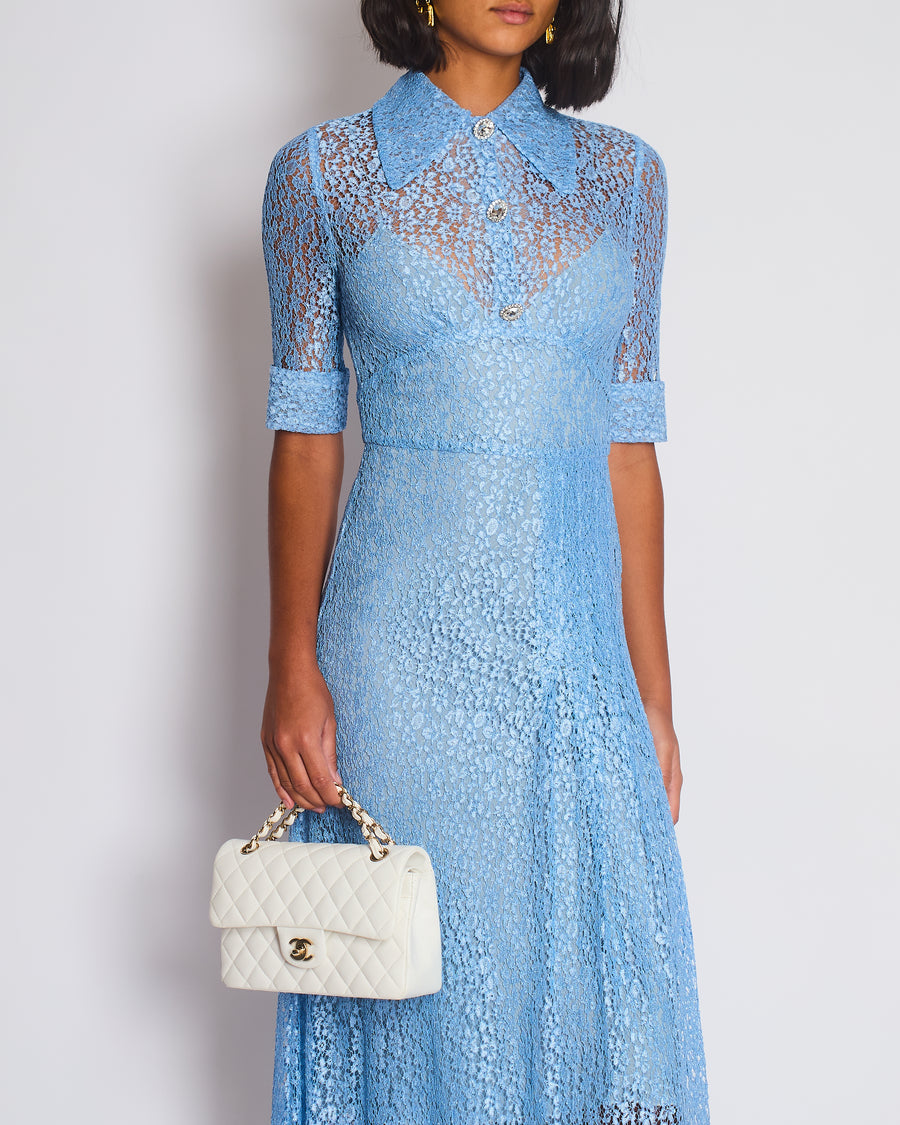 Alessandra Rich Light Blue Lace Midi Dress with Crystal Buttons Detail IT 40 (UK 8)