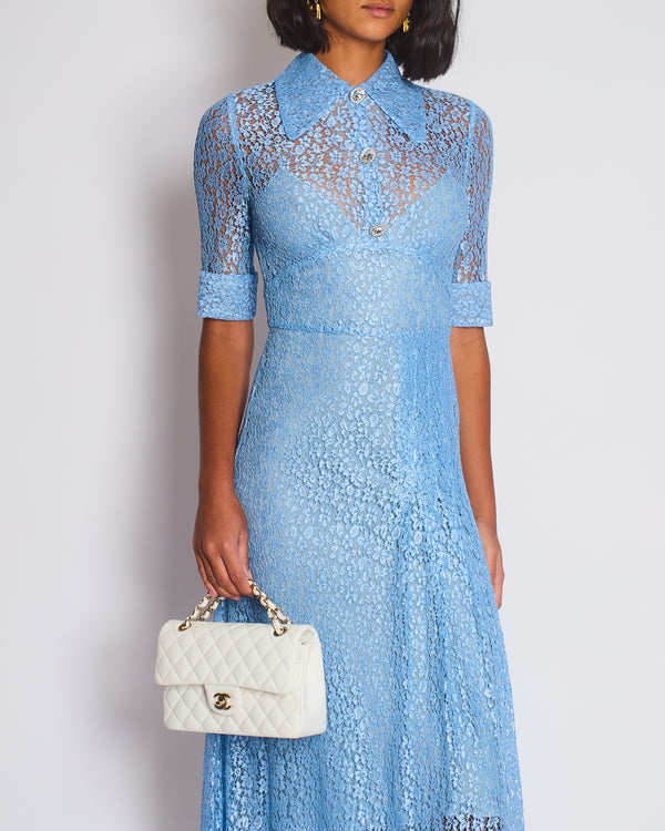 Alessandra Rich Light Blue Lace Midi Dress with Crystal Buttons Detail IT 40 (UK 8)