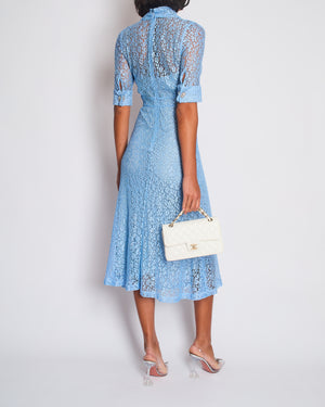 Alessandra Rich Light Blue Lace Midi Dress with Crystal Buttons Detail IT 40 (UK 8)