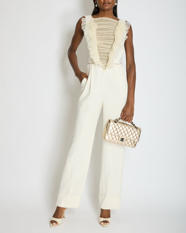 Alessandra Rich Cream Sleeveless Jumpsuit with Mesh V-Neck Panel and Gold Metallic trim Size IT 40 (UK 8)
