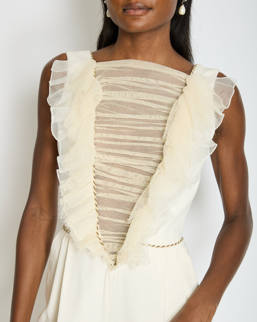 Alessandra Rich Cream Sleeveless Jumpsuit with Mesh V-Neck Panel and Gold Metallic trim Size IT 40 (UK 8)