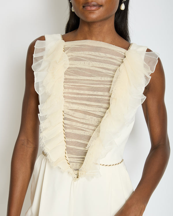 Alessandra Rich Cream Sleeveless Jumpsuit with Mesh V-Neck Panel and Gold Metallic trim Size IT 40 (UK 8)