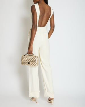 Alessandra Rich Cream Sleeveless Jumpsuit with Mesh V-Neck Panel and Gold Metallic trim Size IT 40 (UK 8)