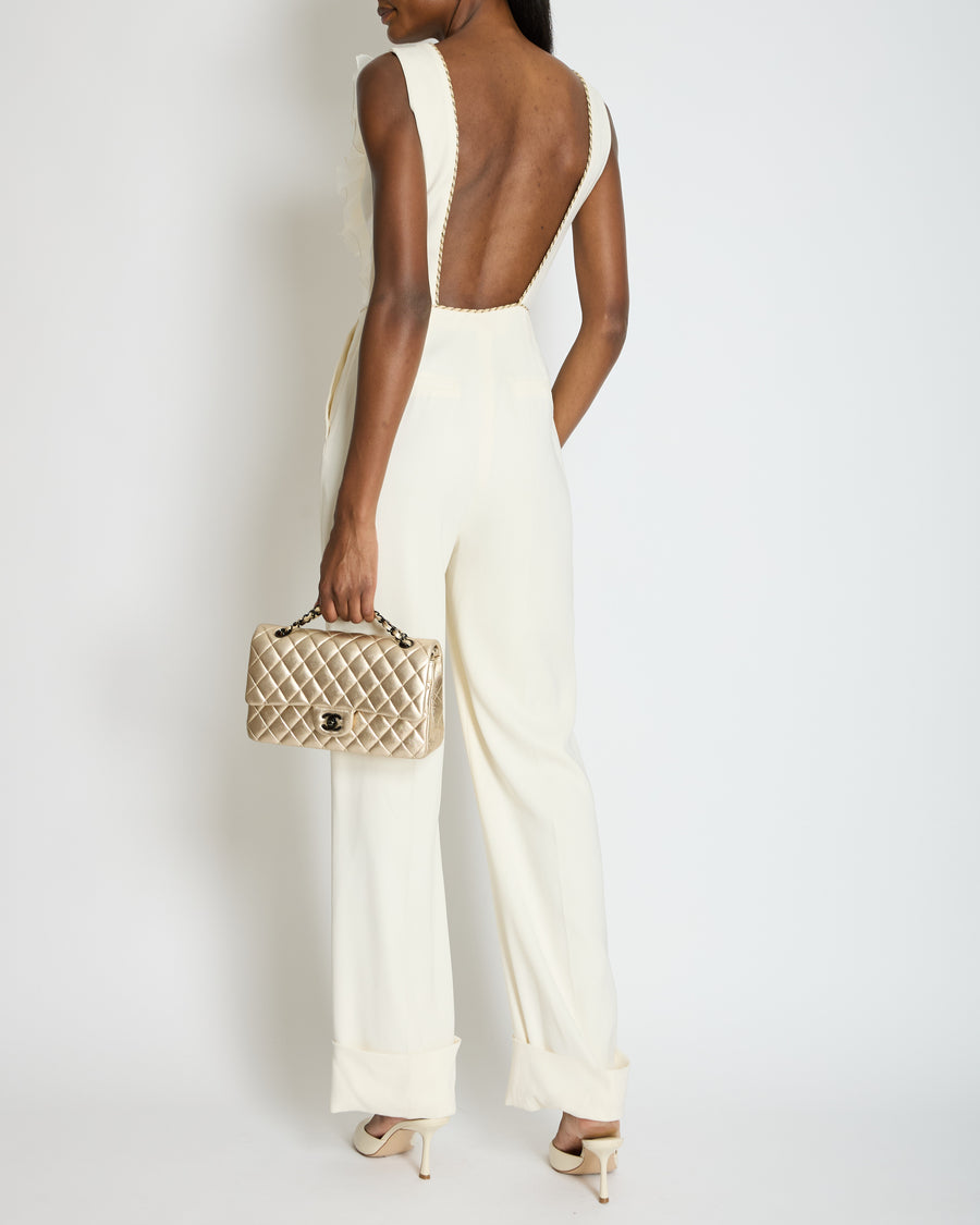 Alessandra Rich Cream Sleeveless Jumpsuit with Mesh V-Neck Panel and Gold Metallic trim Size IT 40 (UK 8)