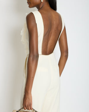 Alessandra Rich Cream Sleeveless Jumpsuit with Mesh V-Neck Panel and Gold Metallic trim Size IT 40 (UK 8)
