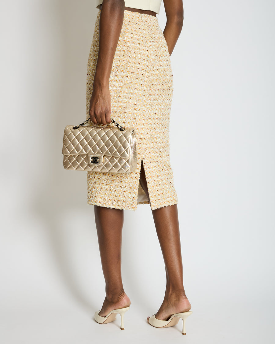 Alessandra Rich Beige, Yellow and Orange Tweed Midi Skirt Size IT 40 (UK 8)
