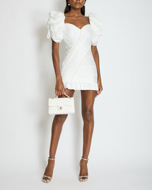 Alessandra Rich White Puff-Sleeve Ruched Crepe Mini Dress with Pearl Details Size IT 40 (UK 8)