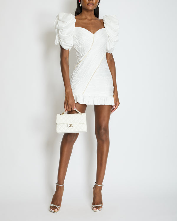 Alessandra Rich White Puff-Sleeve Ruched Crepe Mini Dress with Pearl Details Size IT 40 (UK 8)
