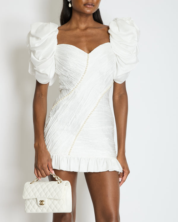 Alessandra Rich White Puff-Sleeve Ruched Crepe Mini Dress with Pearl Details Size IT 40 (UK 8)