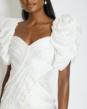 Alessandra Rich White Puff-Sleeve Ruched Crepe Mini Dress with Pearl Details Size IT 40 (UK 8)