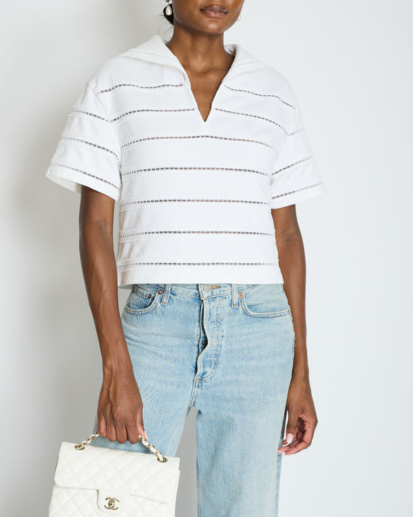 Chanel 24M White Cotton Sailor T-Shirt with Embroidery Anglaise CC Logo Detail Size FR 36 (UK 8)