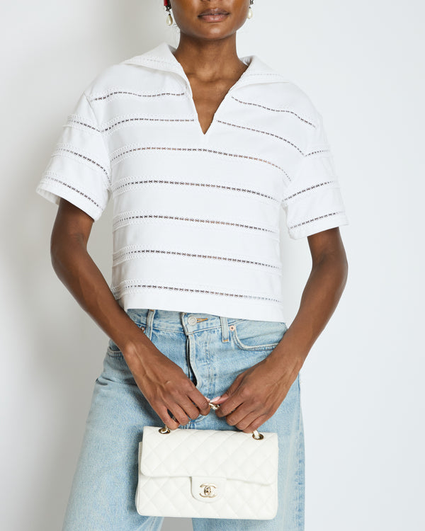 Chanel 24M White Cotton Sailor T-Shirt with Embroidery Anglaise CC Logo Detail Size FR 36 (UK 8)