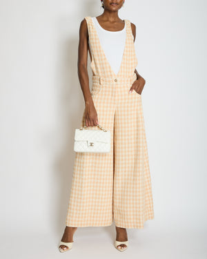 *RUNWAY* Chanel 23S Peach Cream Tweed Check V-Neck Jumpsuit with Patel Pink CC Button Size FR 36 (UK 8)