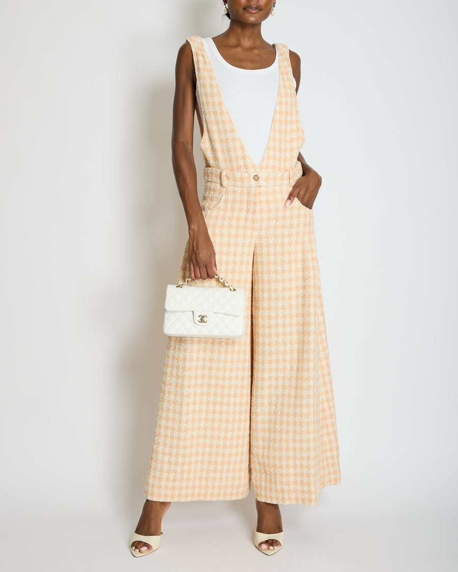 *RUNWAY* Chanel 23S Peach Cream Tweed Check V-Neck Jumpsuit with Patel Pink CC Button Size FR 36 (UK 8)