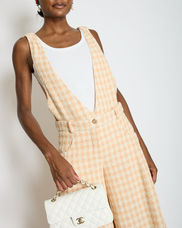 *RUNWAY* Chanel 23S Peach Cream Tweed Check V-Neck Jumpsuit with Patel Pink CC Button Size FR 36 (UK 8)