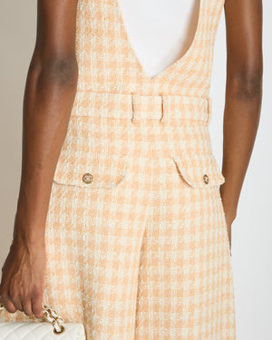 *RUNWAY* Chanel 23S Peach Cream Tweed Check V-Neck Jumpsuit with Patel Pink CC Button Size FR 36 (UK 8)