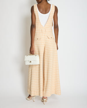 *RUNWAY* Chanel 23S Peach Cream Tweed Check V-Neck Jumpsuit with Patel Pink CC Button Size FR 36 (UK 8)