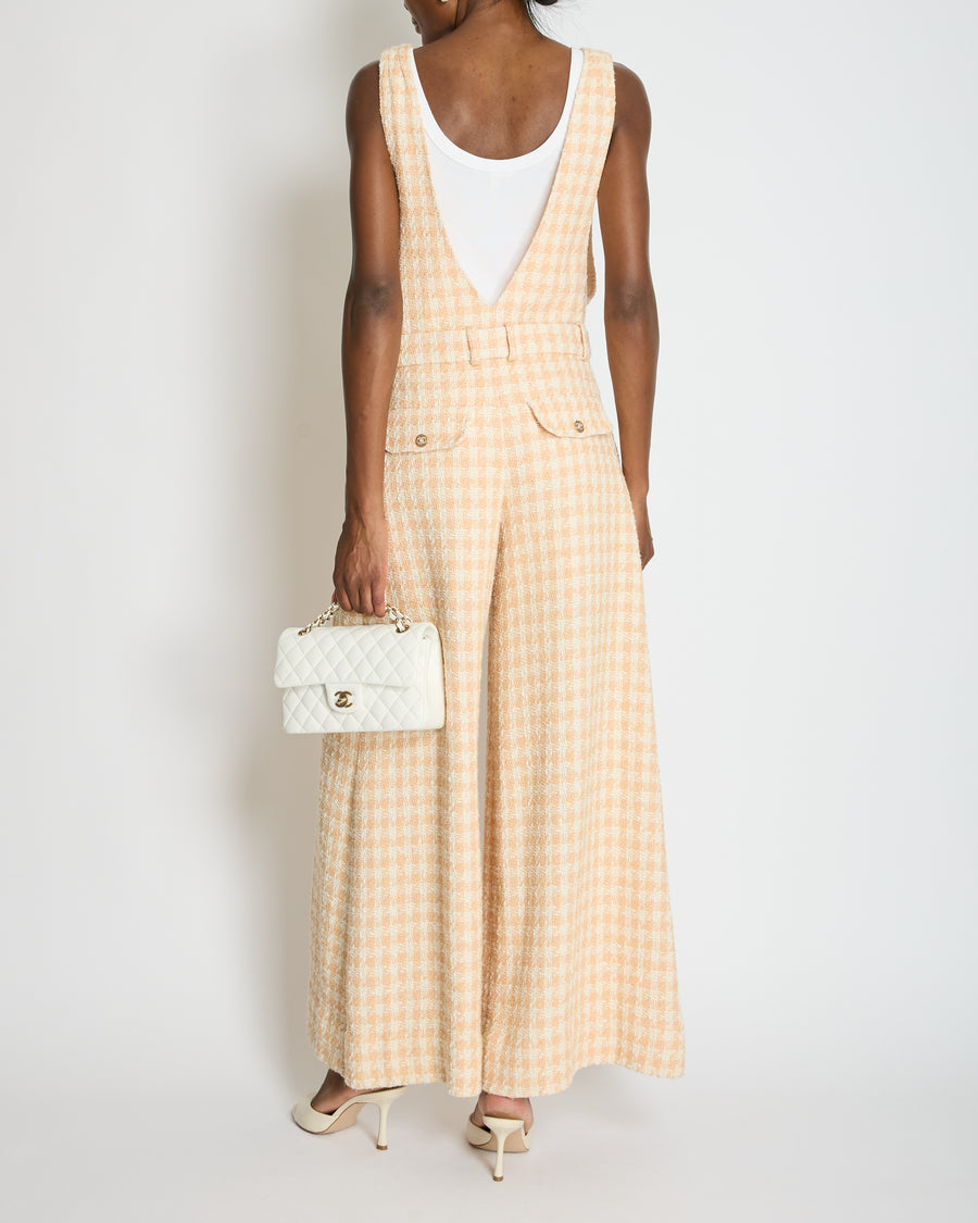 *RUNWAY* Chanel 23S Peach Cream Tweed Check V-Neck Jumpsuit with Patel Pink CC Button Size FR 36 (UK 8)