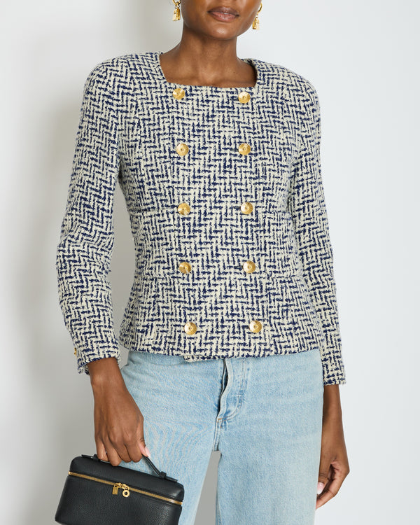 Chanel White and Navy Tweed Double Breasted Jacket with Gold Flower Button Detail FR 36 - 38 (UK 8 - 10)
