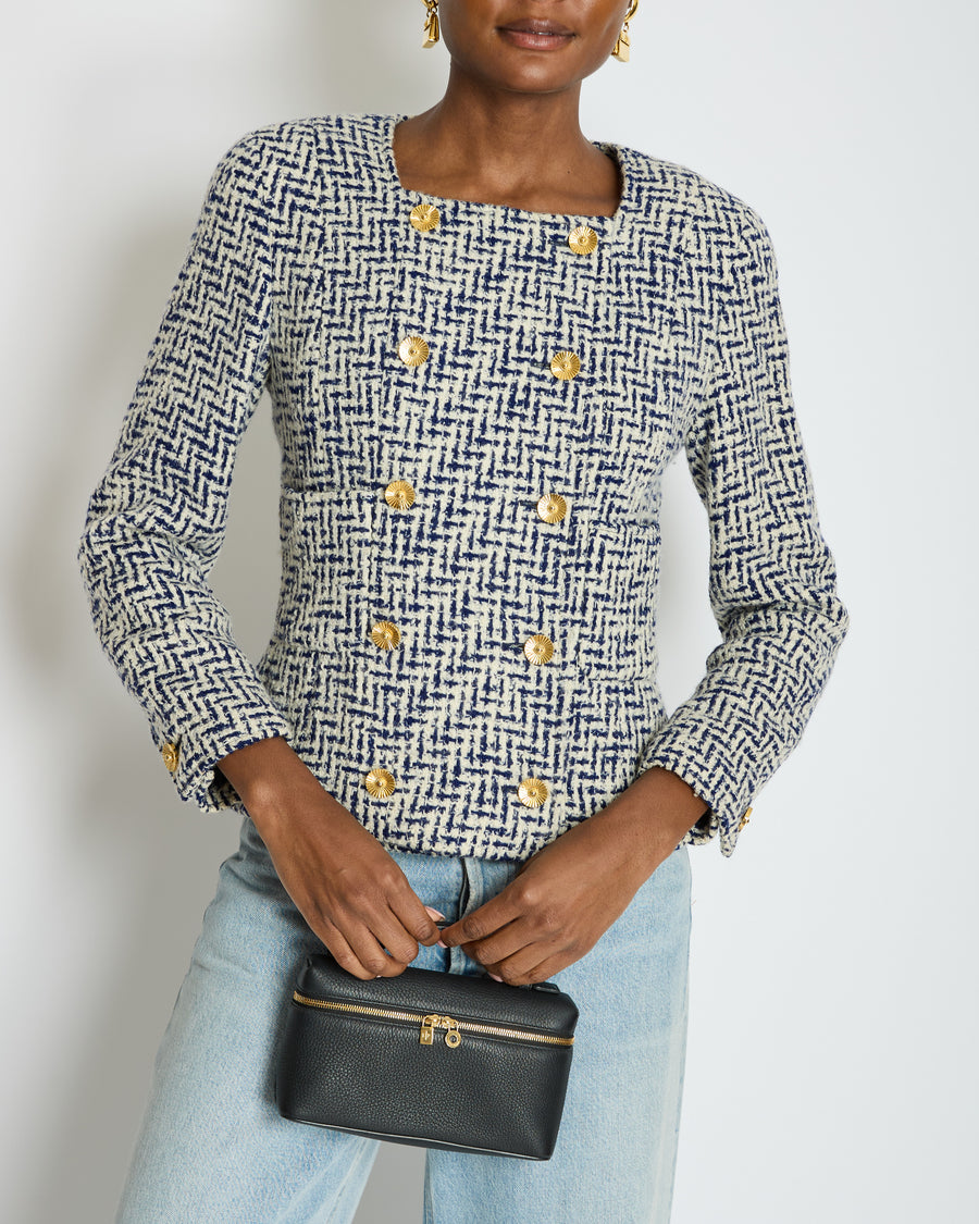 Chanel White and Navy Tweed Double Breasted Jacket with Gold Flower Button Detail FR 36 - 38 (UK 8 - 10)