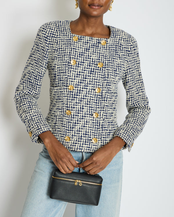 Chanel White and Navy Tweed Double Breasted Jacket with Gold Flower Button Detail FR 36 - 38 (UK 8 - 10)
