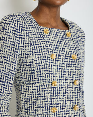 Chanel White and Navy Tweed Double Breasted Jacket with Gold Flower Button Detail FR 36 - 38 (UK 8 - 10)
