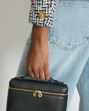 Chanel White and Navy Tweed Double Breasted Jacket with Gold Flower Button Detail FR 36 - 38 (UK 8 - 10)