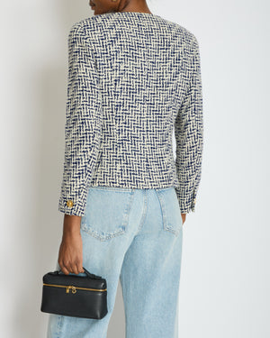 Chanel White and Navy Tweed Double Breasted Jacket with Gold Flower Button Detail FR 36 - 38 (UK 8 - 10)