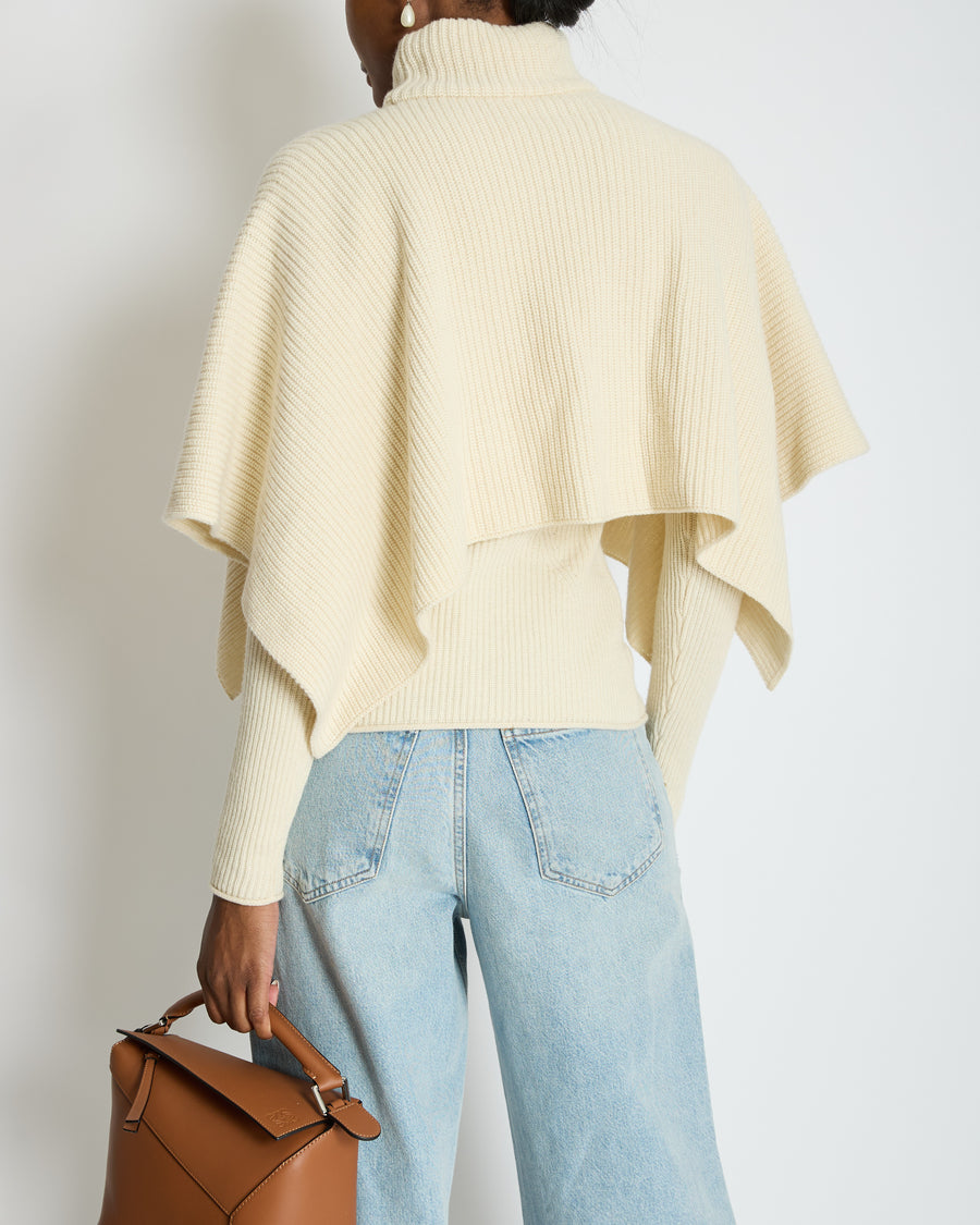 Hermès Cream Knitted Ribbed Jumper with Cape Detail Size FR 34 (UK 6)