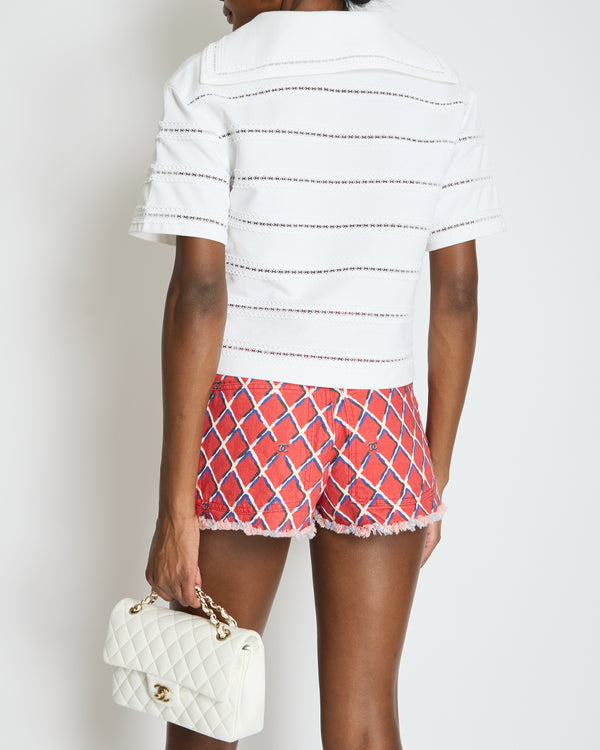 Chanel Red and Navy Quilted Print Denim Shorts with CC Logo Details Size FR 34 (UK 6)