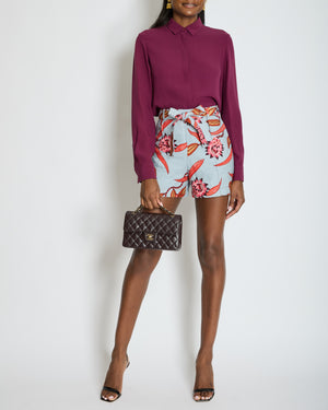 Hermès Blue and Pink Linen Floral Shorts with Tie-Up Detail Size FR 34 (UK 6)