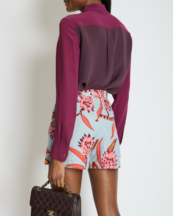 Hermès Blue and Pink Linen Floral Shorts with Tie-Up Detail Size FR 34 (UK 6)