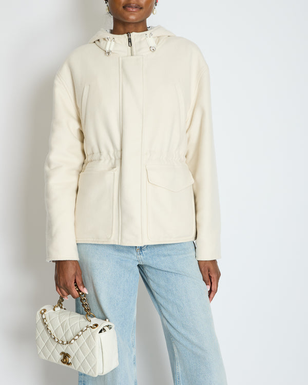 Hermès Cream Cashmere, White Nylon with Chaine D'Ancre Pattern Reversible Puffer Jacket Size FR 44 UK 16