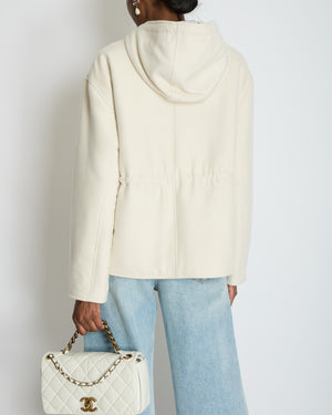 Hermès Cream Cashmere, White Nylon with Chaine D'Ancre Pattern Reversible Puffer Jacket Size FR 44 UK 16