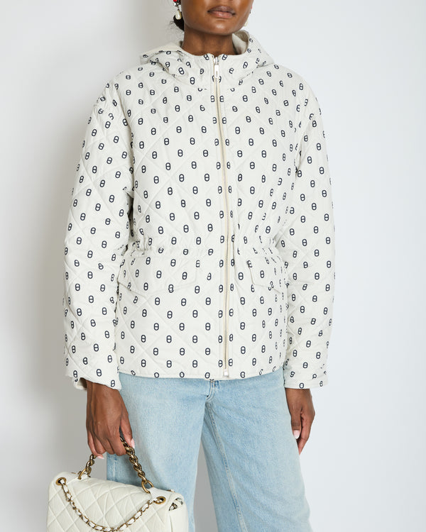 Hermès Cream Cashmere, White Nylon with Chaine D'Ancre Pattern Reversible Puffer Jacket Size FR 44 UK 16