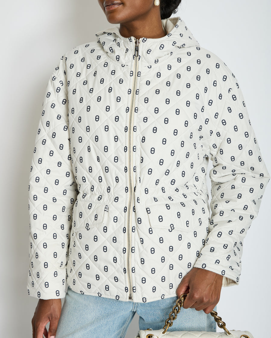 Hermès Cream Cashmere, White Nylon with Chaine D'Ancre Pattern Reversible Puffer Jacket Size FR 44 UK 16