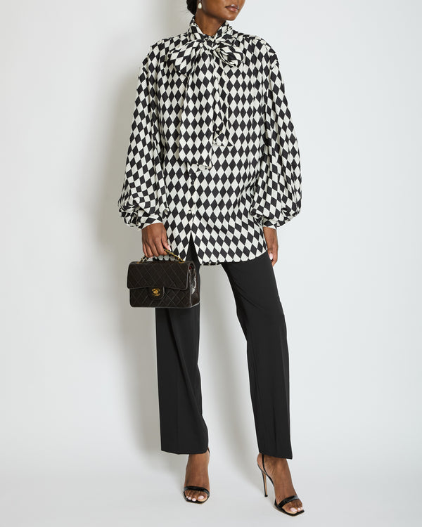 Balmain Black and White Lavalliere Diamond Print Silk Shirt with Puff Sleeves and Pussy Bow Detail Size FR 34 (UK 6) RRP £1490