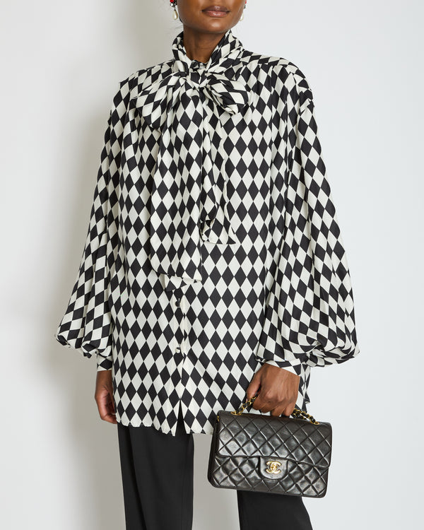 Balmain Black and White Lavalliere Diamond Print Silk Shirt with Puff Sleeves and Pussy Bow Detail Size FR 34 (UK 6) RRP £1490