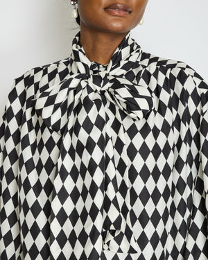 Balmain Black and White Lavalliere Diamond Print Silk Shirt with Puff Sleeves and Pussy Bow Detail Size FR 34 (UK 6) RRP £1490