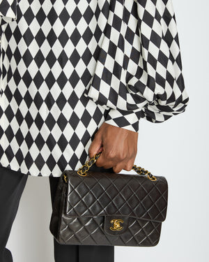 Balmain Black and White Lavalliere Diamond Print Silk Shirt with Puff Sleeves and Pussy Bow Detail Size FR 34 (UK 6) RRP £1490